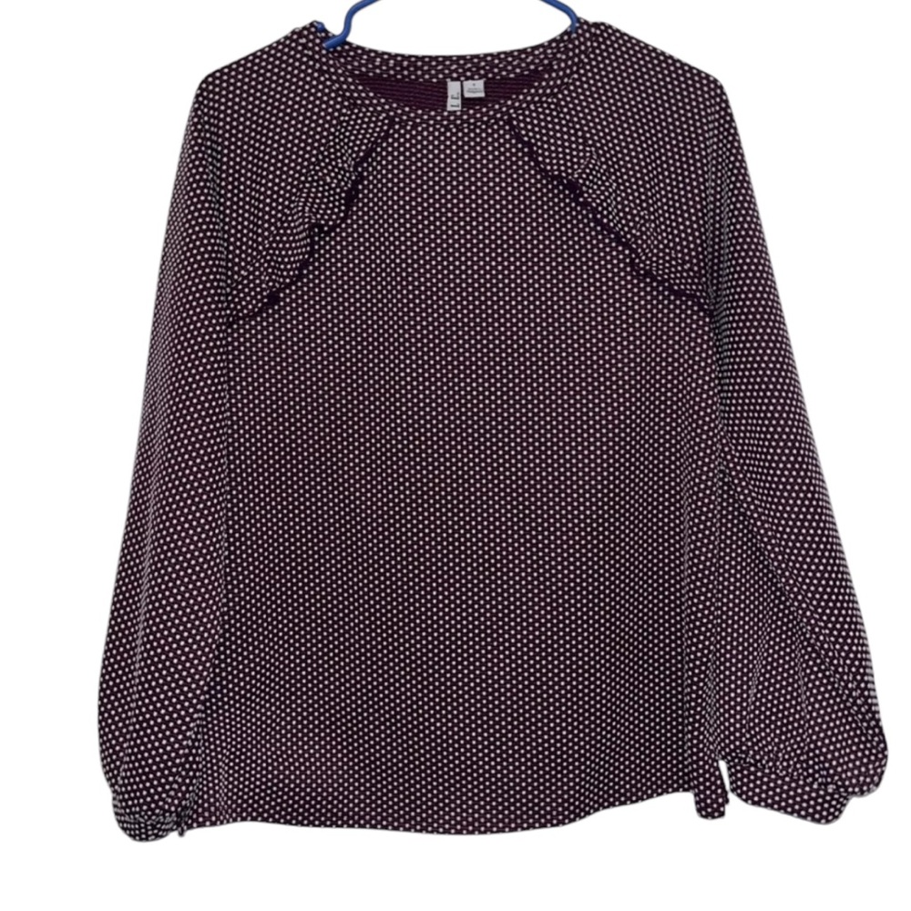 Elle Women’s S Ruffle Sweatshirt Plum Polka Dot Pullover Top Casual EUC